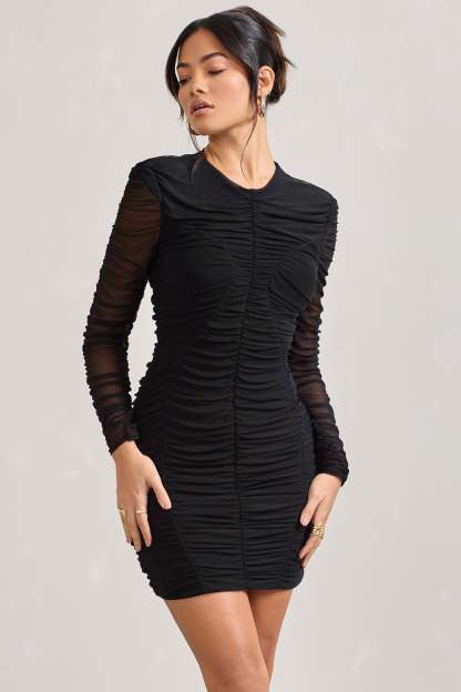 Euphoria Black Ruched Long Sleeve Mini Dress-Fashionmomo.All Rights Reserved