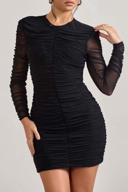 Euphoria Black Ruched Long Sleeve Mini Dress-Fashionmomo.All Rights Reserved