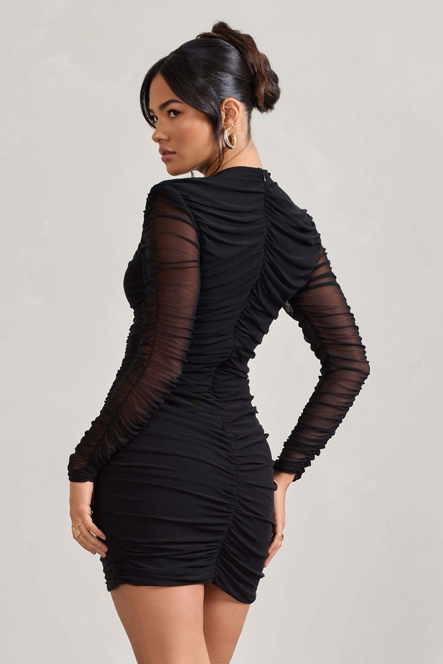 Euphoria Black Ruched Long Sleeve Mini Dress-Fashionmomo.All Rights Reserved