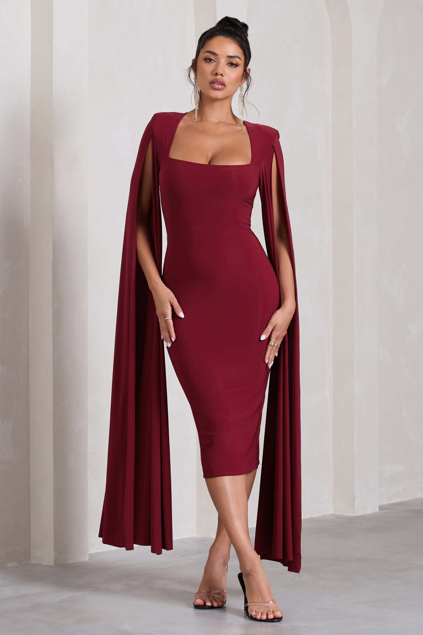 Flawless Berry Square Neck Midi Dress With Cape Sleeves-Fashionmomo.All Rights Reserved