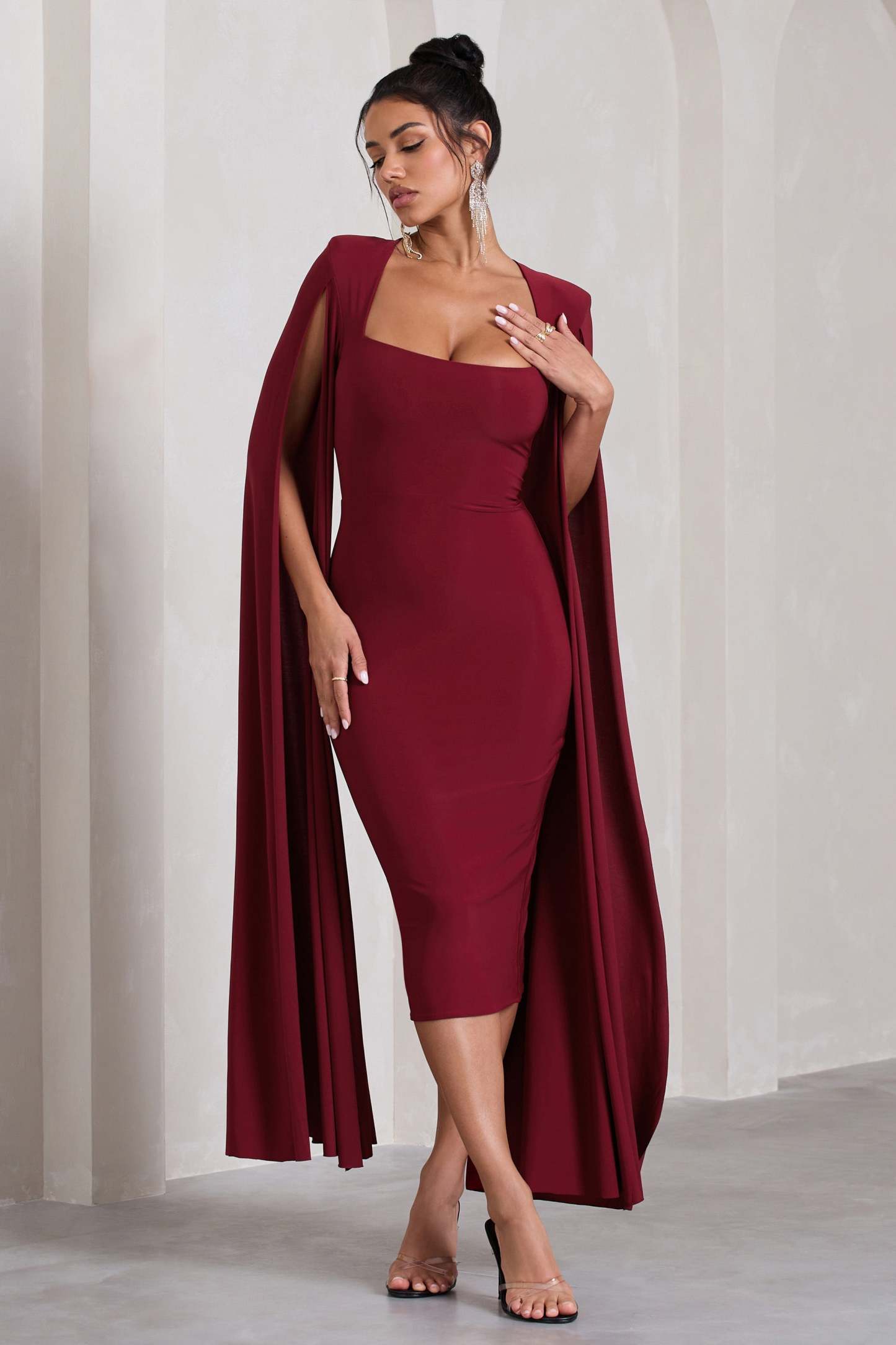 Flawless Berry Square Neck Midi Dress With Cape Sleeves-Fashionmomo.All Rights Reserved