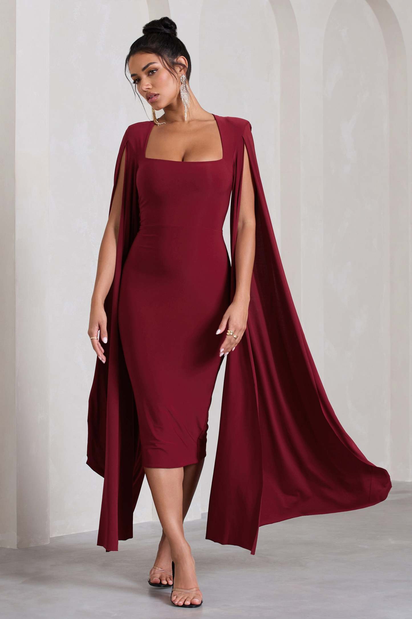 Flawless Berry Square Neck Midi Dress With Cape Sleeves-Fashionmomo.All Rights Reserved