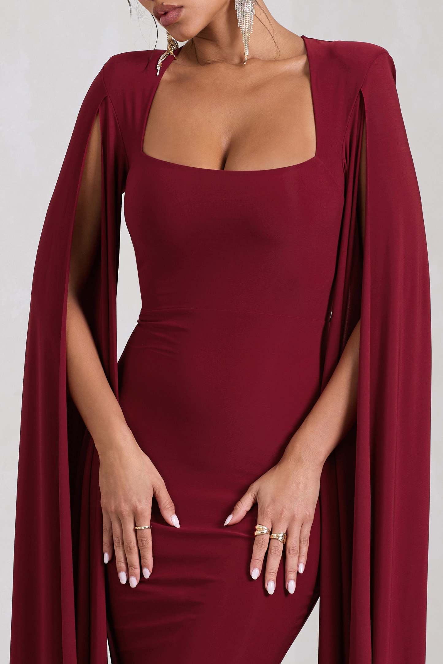 Flawless Berry Square Neck Midi Dress With Cape Sleeves-Fashionmomo.All Rights Reserved