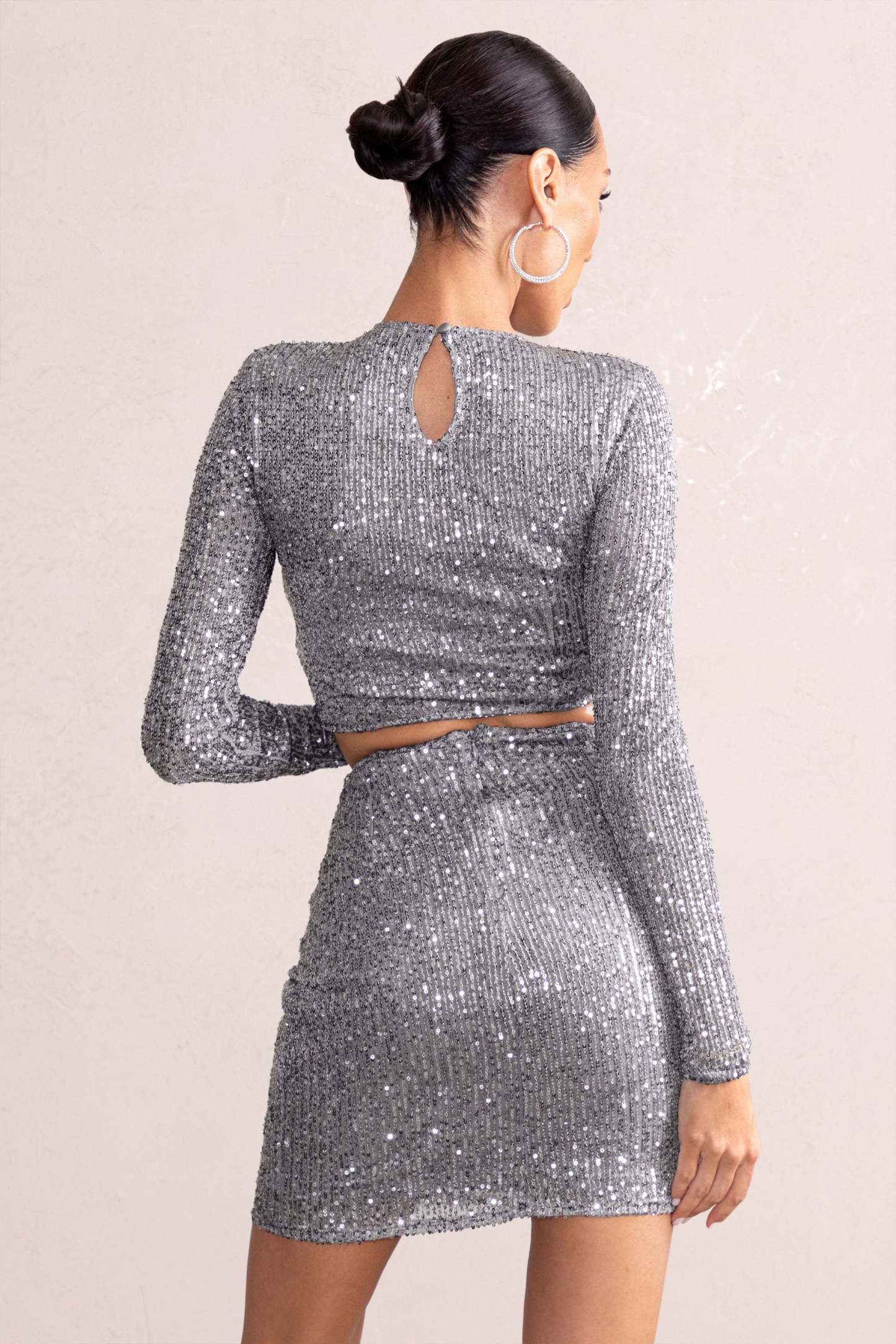 Aftermath Pewter Silver Sequin Crop Top-Fashionmomo.All Rights Reserved