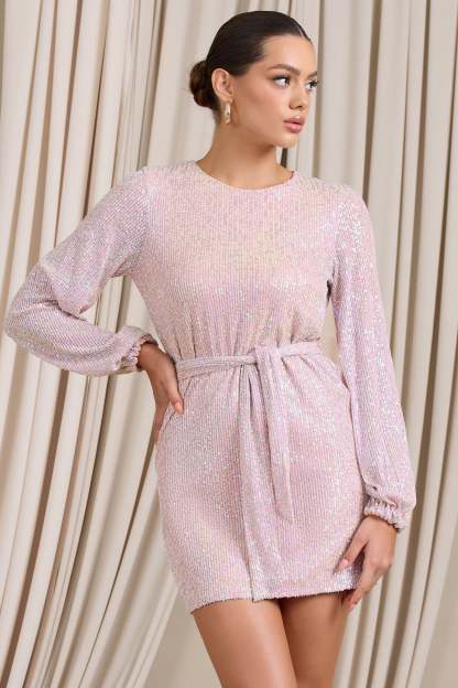 Astrological Nude Mix Sequin Long Sleeve Mini Dress With Belt Detail-Fashionmomo.All Rights Reserved
