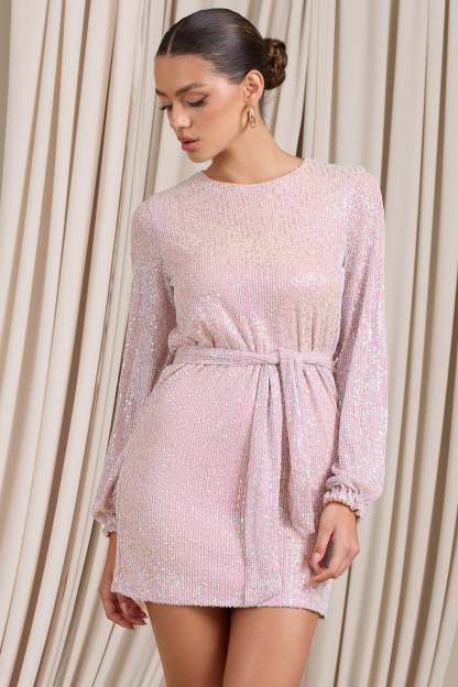 Astrological Nude Mix Sequin Long Sleeve Mini Dress With Belt Detail-Fashionmomo.All Rights Reserved