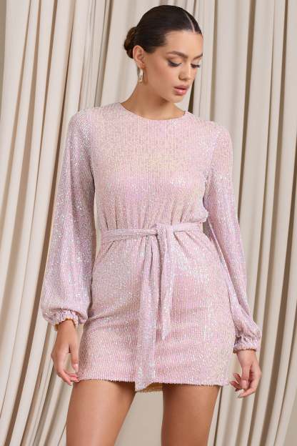 Astrological Nude Mix Sequin Long Sleeve Mini Dress With Belt Detail-Fashionmomo.All Rights Reserved
