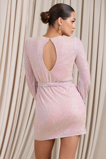 Astrological Nude Mix Sequin Long Sleeve Mini Dress With Belt Detail-Fashionmomo.All Rights Reserved