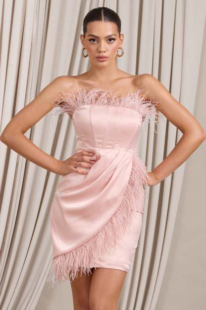 Forever High Nude Bandeau Wrap Front Mini Dress With Feather Trim-Fashionmomo.All Rights Reserved
