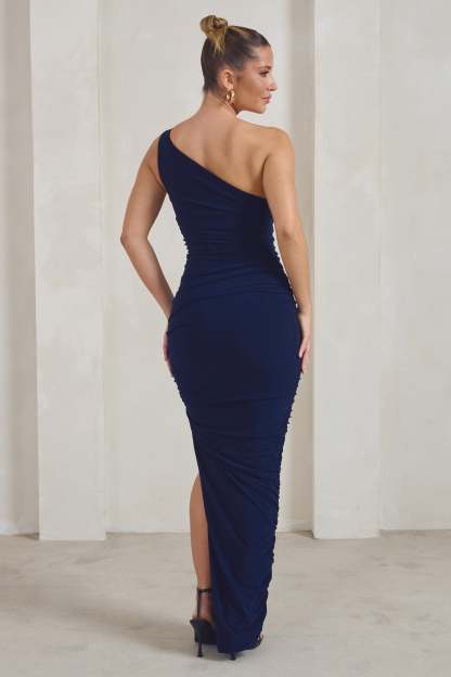 Persia Navy One Shoulder Side Split Ruched Maxi Dress-Fashionmomo.All Rights Reserved
