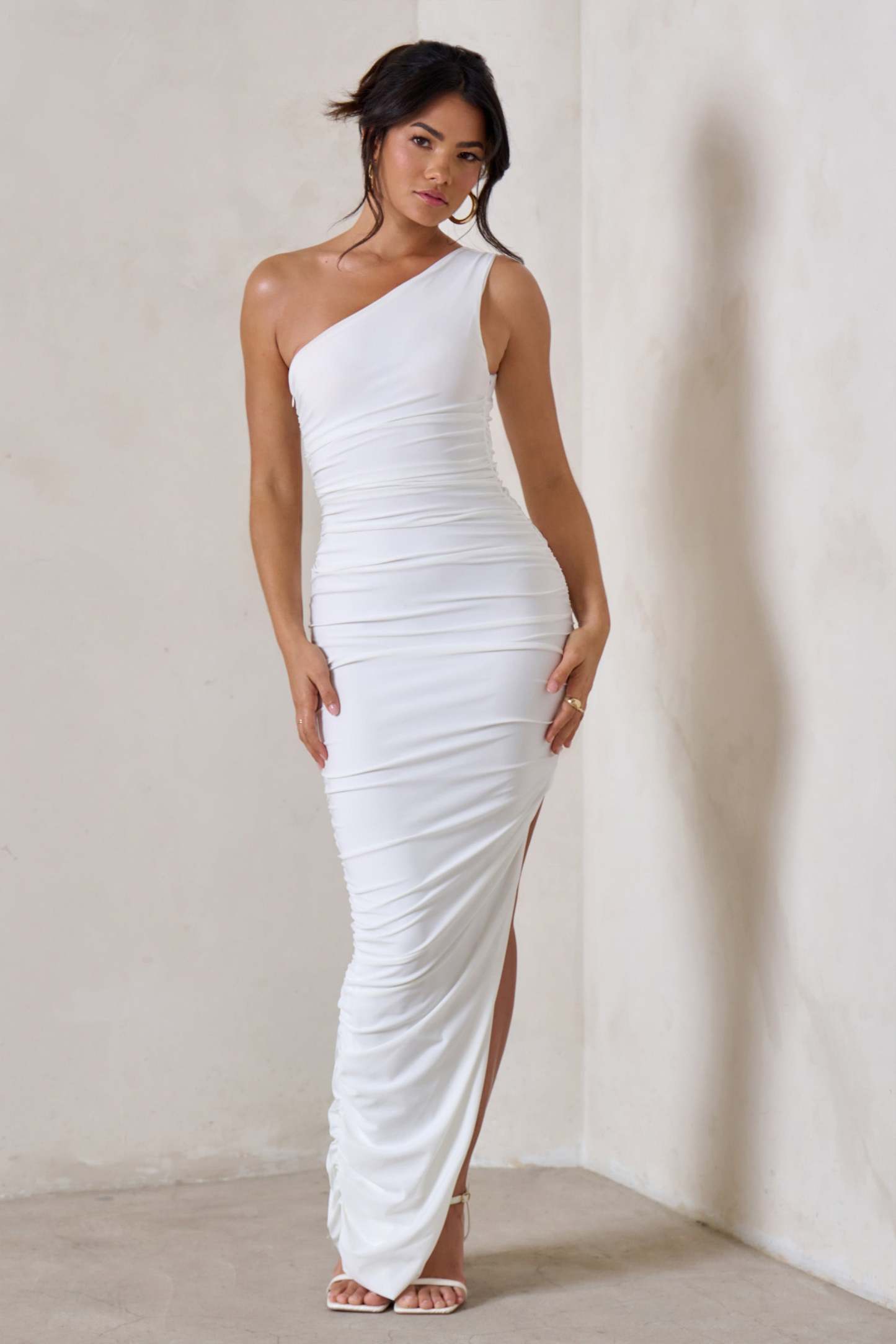Persia White One Shoulder Side Split Ruched Maxi Dress-Fashionmomo.All Rights Reserved