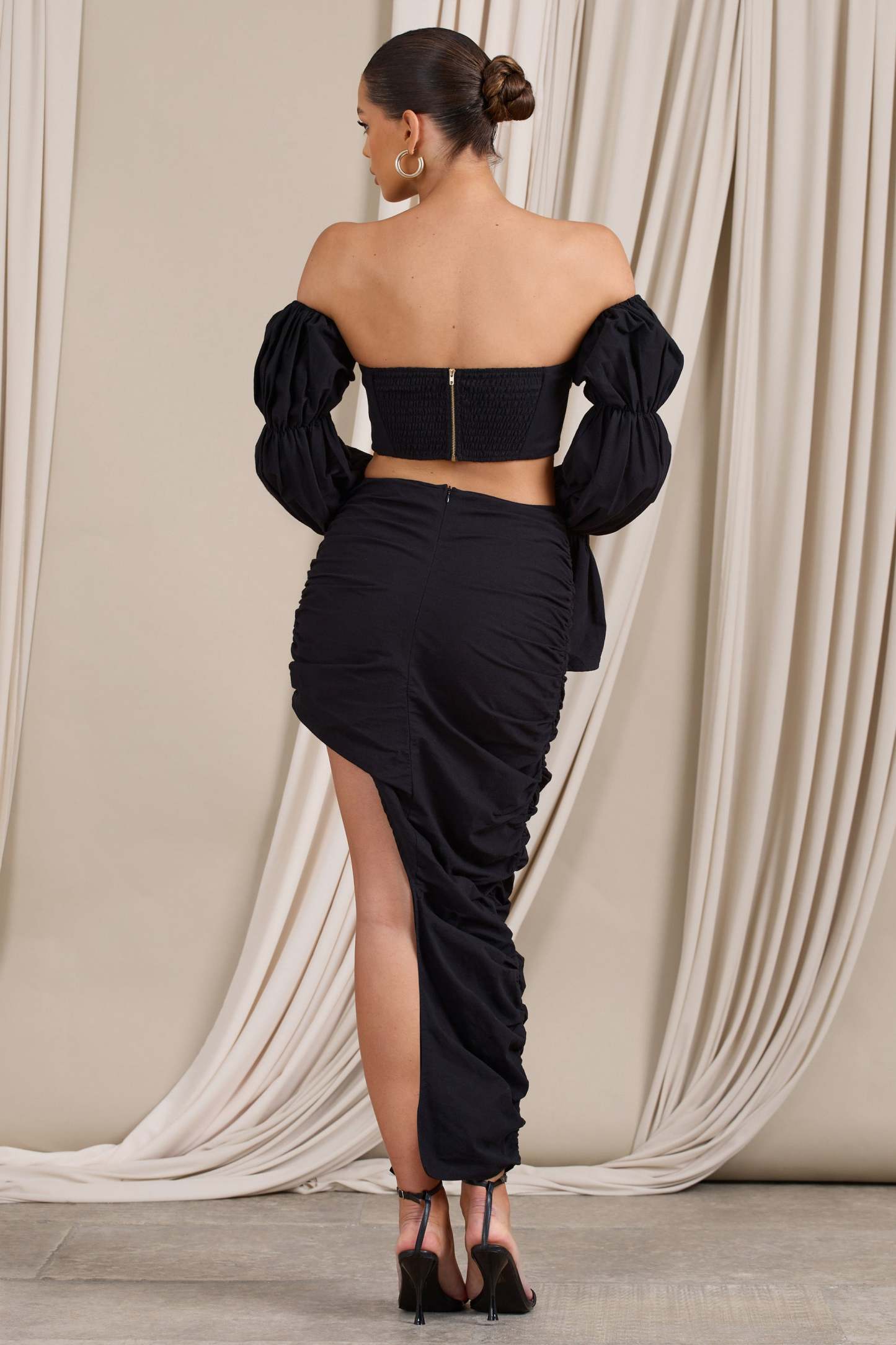 Holiday Black Ruched Asymmetric Maxi Skirt-Fashionmomo.All Rights Reserved