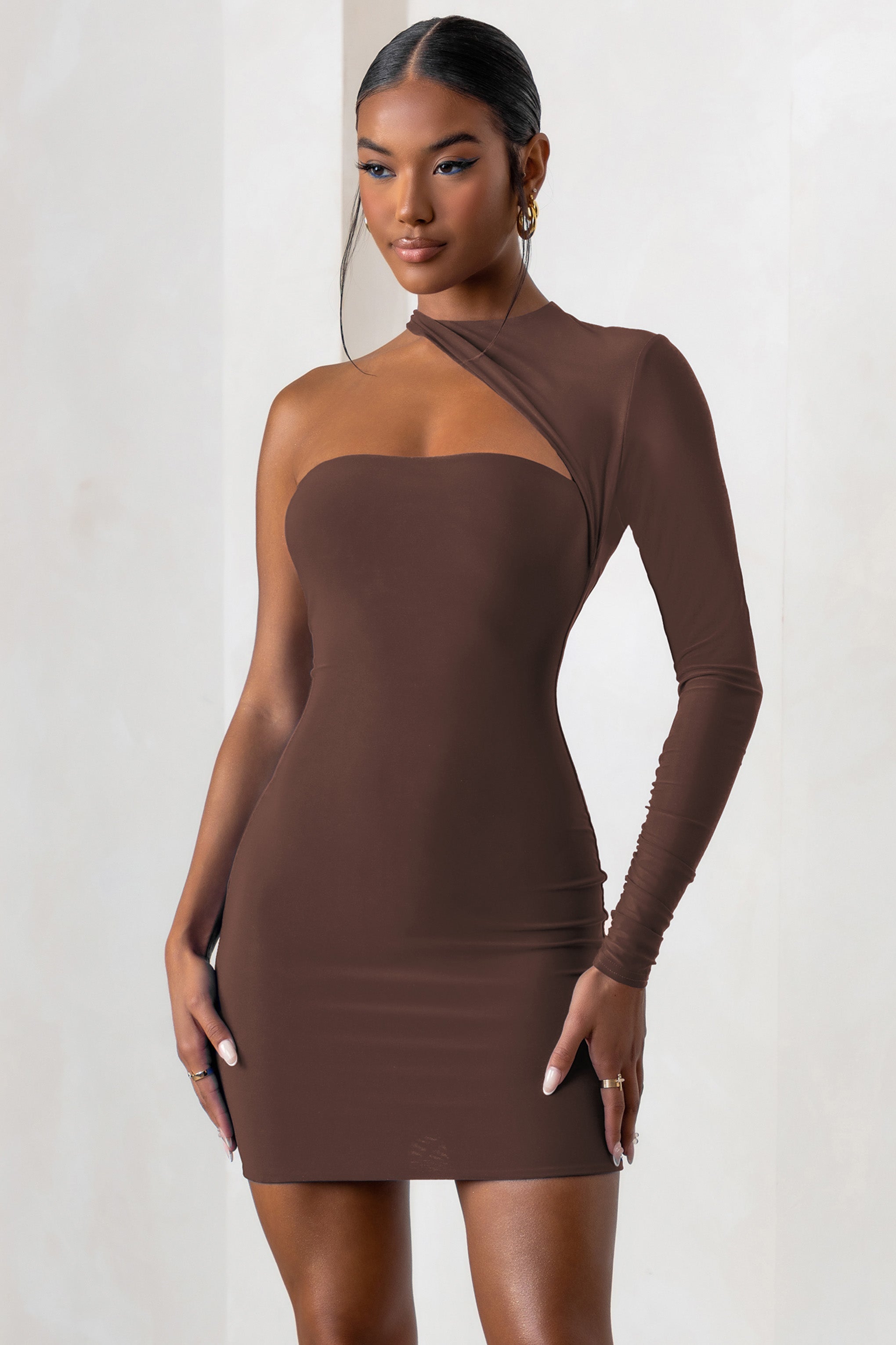 Perfect Touch Chocolate One Shoulder Long Sleeve Mini Dress-Fashionmomo.All Rights Reserved