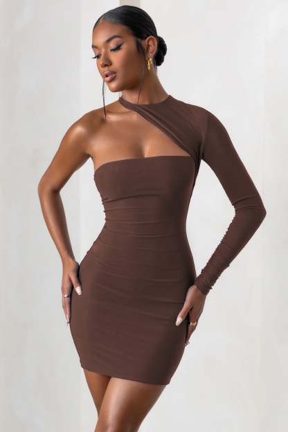 Perfect Touch Chocolate One Shoulder Long Sleeve Mini Dress-Fashionmomo.All Rights Reserved