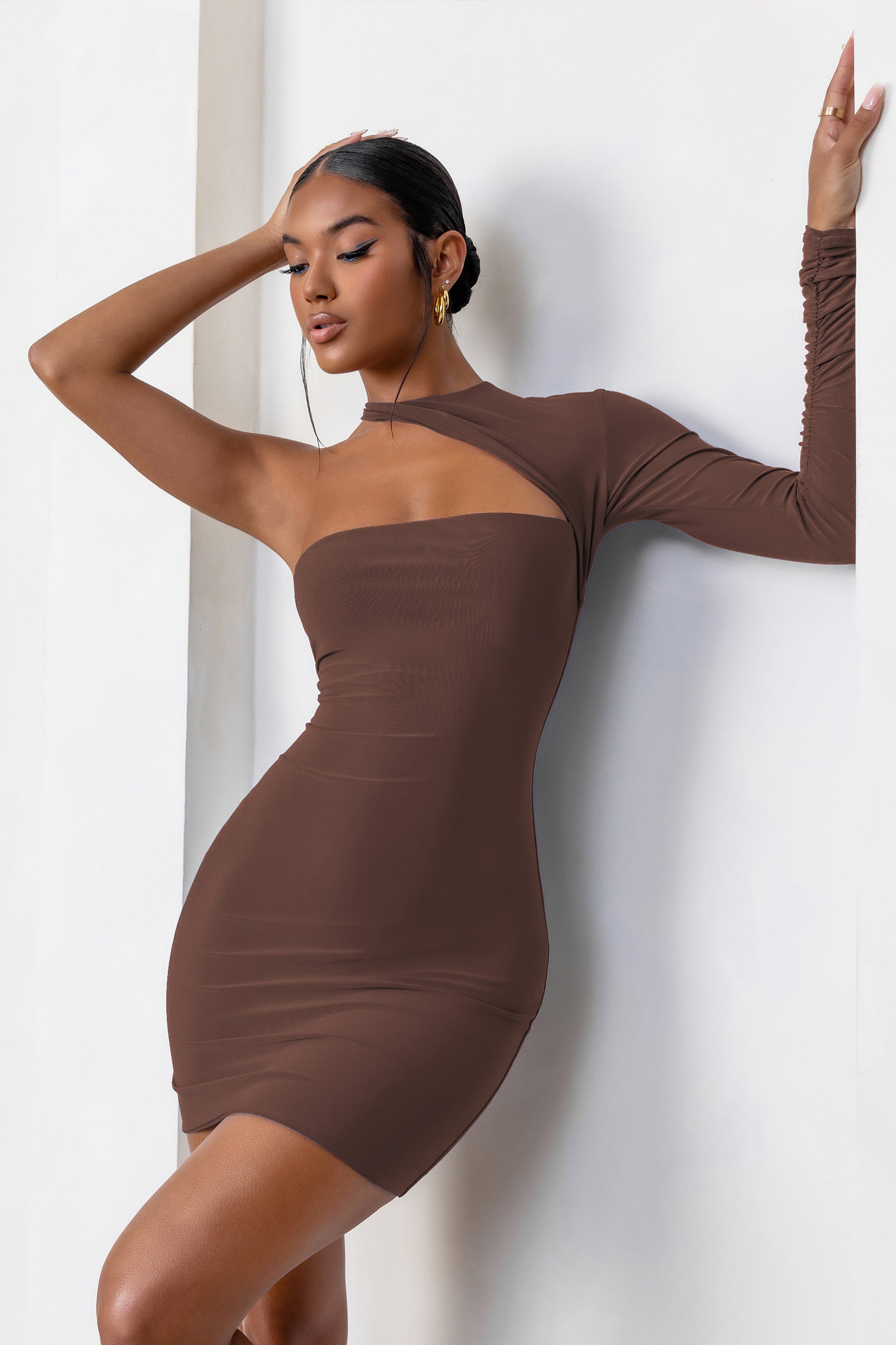 Perfect Touch Chocolate One Shoulder Long Sleeve Mini Dress-Fashionmomo.All Rights Reserved