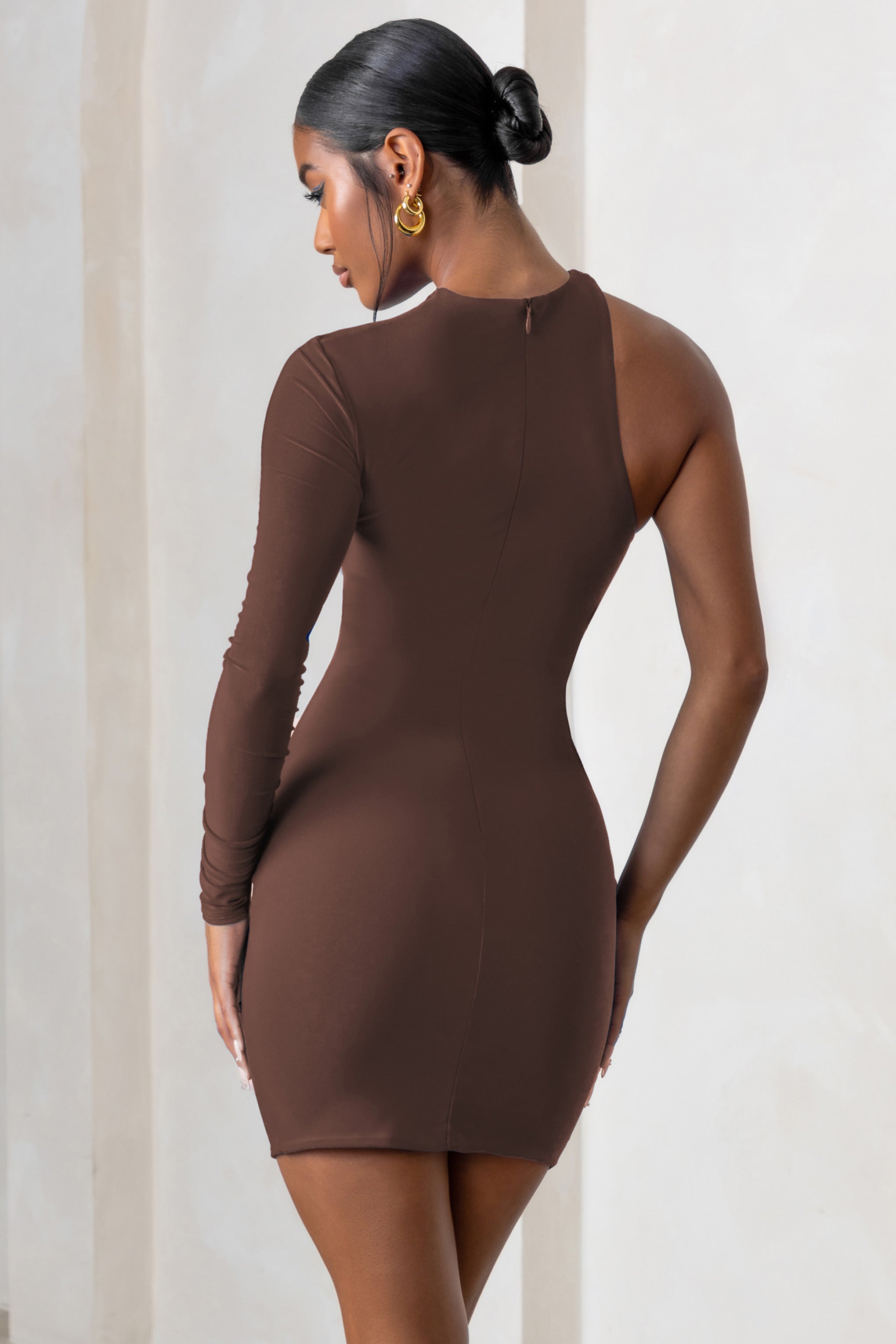 Perfect Touch Chocolate One Shoulder Long Sleeve Mini Dress-Fashionmomo.All Rights Reserved