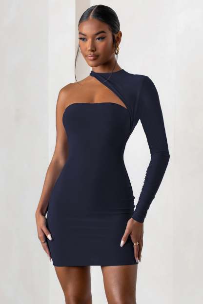 Perfect Touch Navy One Shoulder Long Sleeve Mini Dress-Fashionmomo.All Rights Reserved