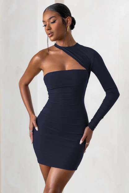 Perfect Touch Navy One Shoulder Long Sleeve Mini Dress-Fashionmomo.All Rights Reserved