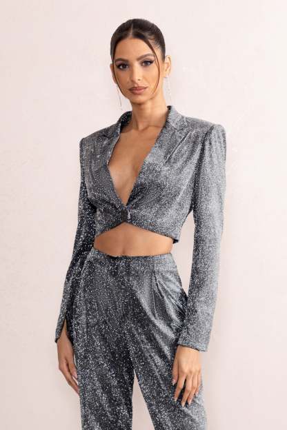 Bailey Silver Metallic Tailored Crop Blazer-Fashionmomo.All Rights Reserved