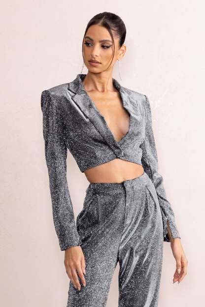 Bailey Silver Metallic Tailored Crop Blazer-Fashionmomo.All Rights Reserved