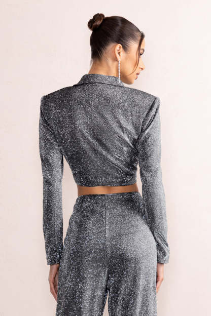 Bailey Silver Metallic Tailored Crop Blazer-Fashionmomo.All Rights Reserved