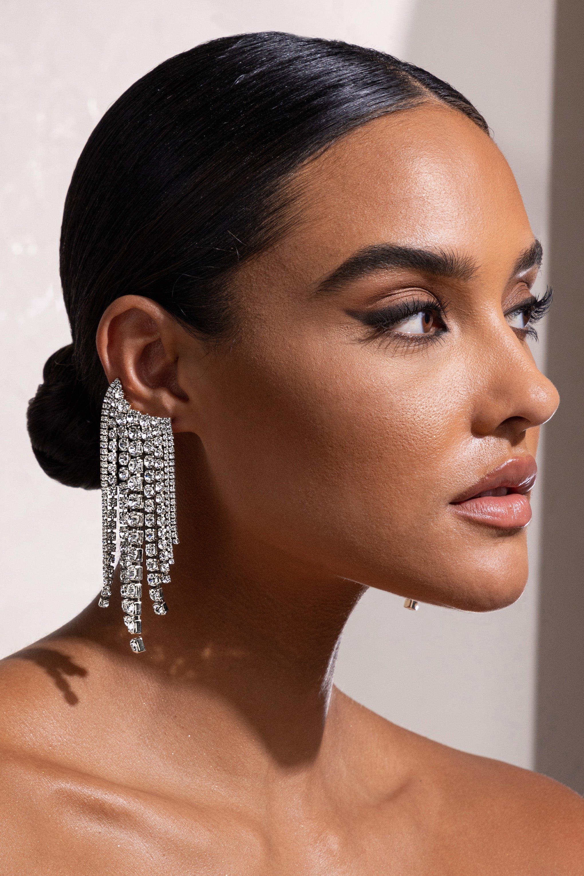 Agnese Silver Crystal Tassle Cuff Earrings-Fashionmomo.All Rights Reserved