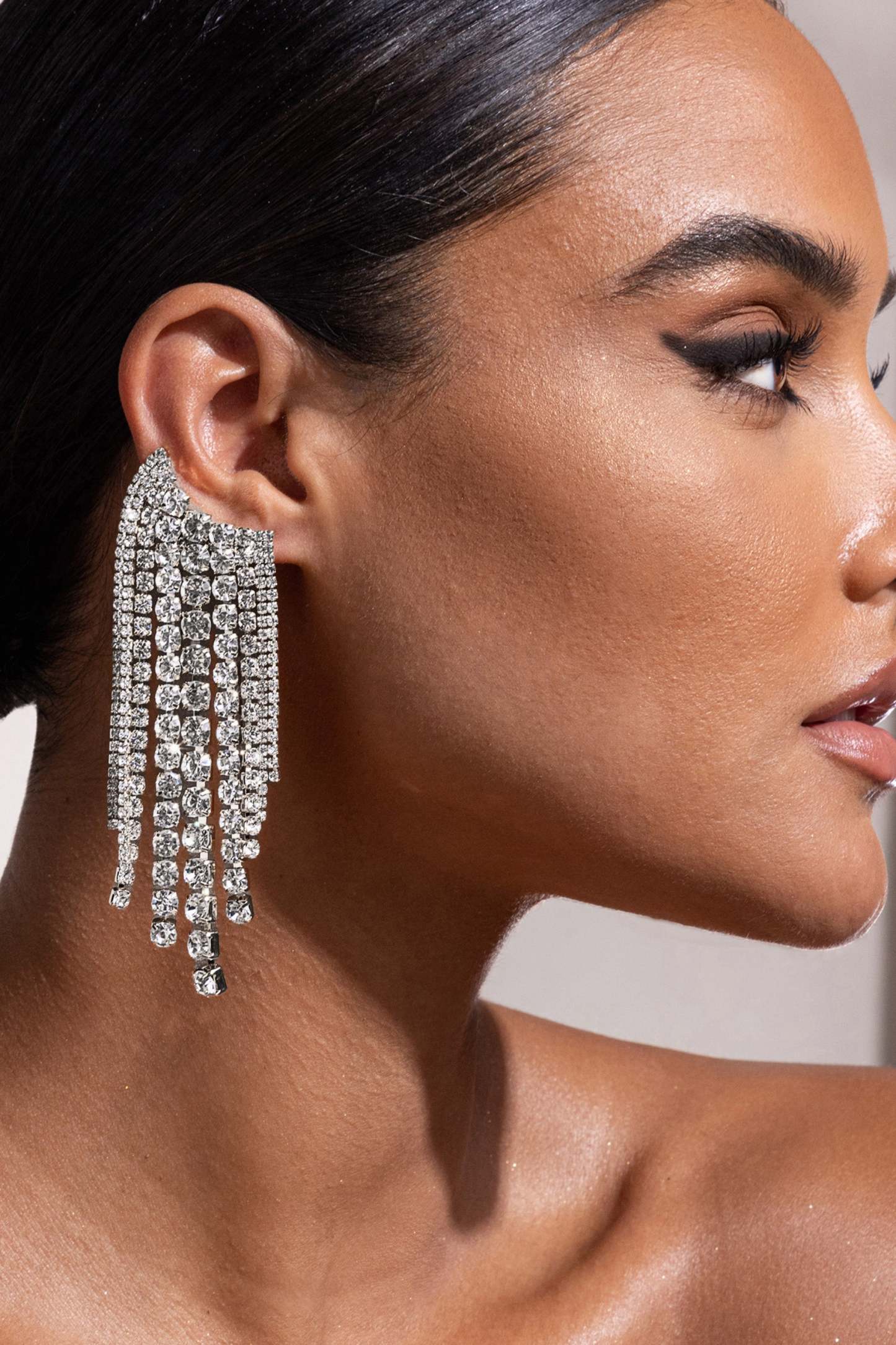 Agnese Silver Crystal Tassle Cuff Earrings-Fashionmomo.All Rights Reserved