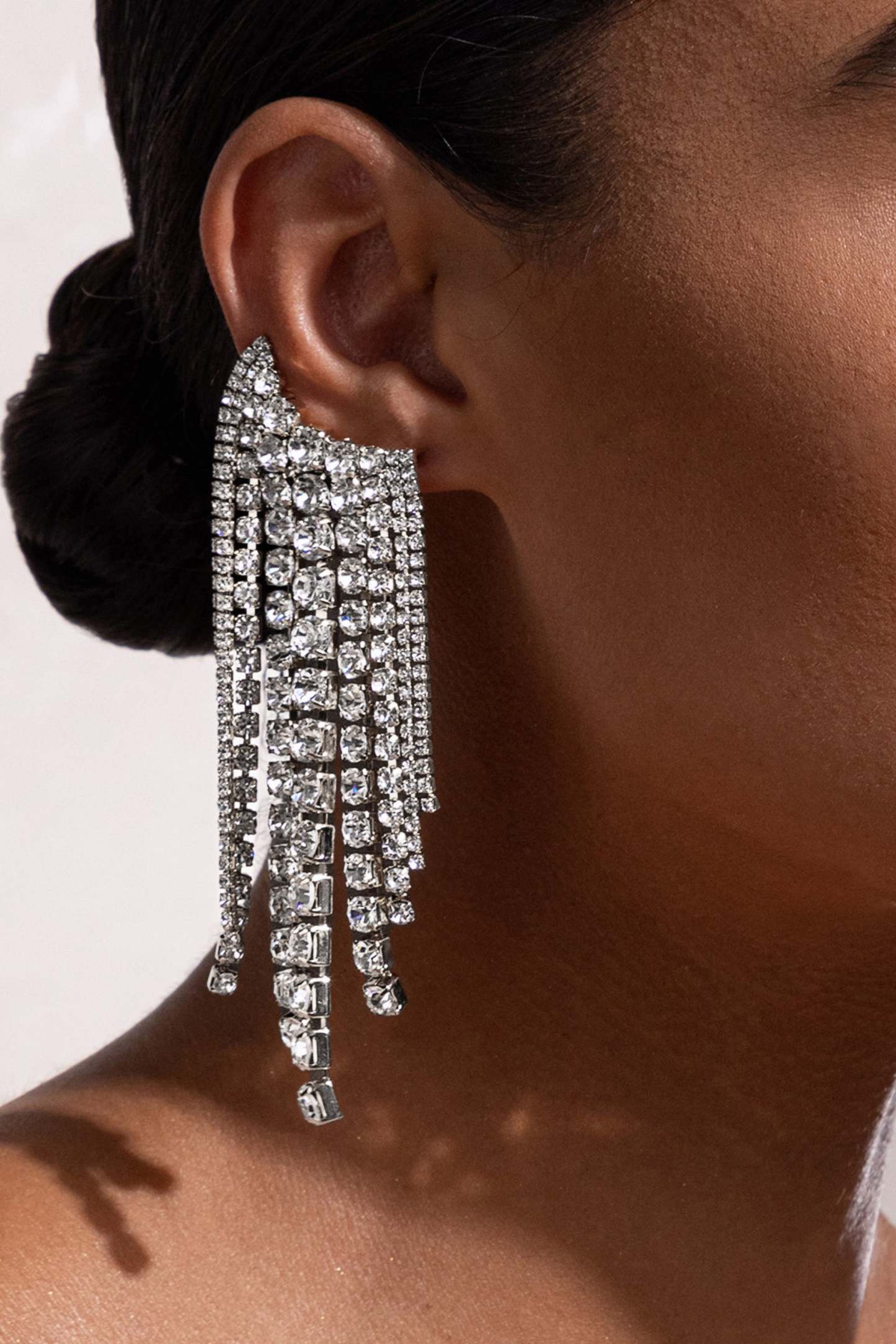 Agnese Silver Crystal Tassle Cuff Earrings-Fashionmomo.All Rights Reserved