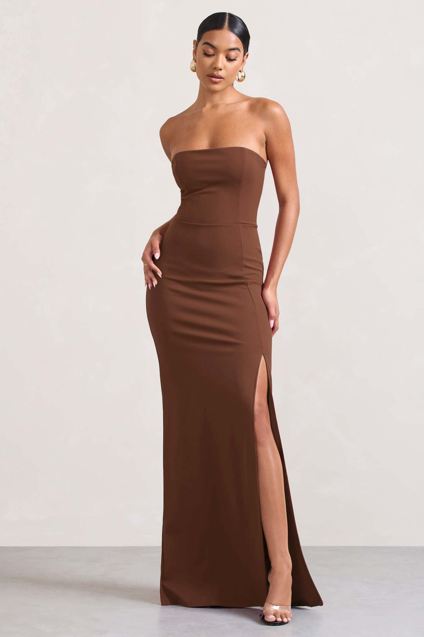 Belle of The Ball Brown Bandeau Maxi Dress With Split Hem-Fashionmomo.All Rights Reserved