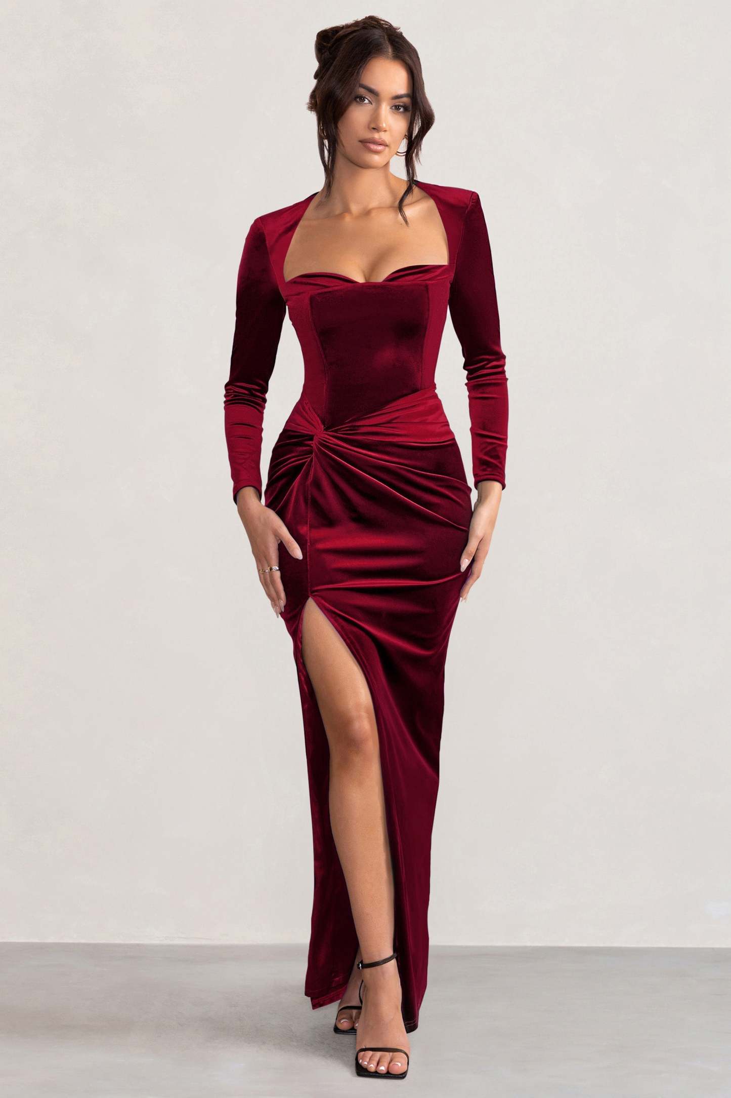 Fay Berry Velvet Corset Style Knot Maxi Dress-Fashionmomo.All Rights Reserved