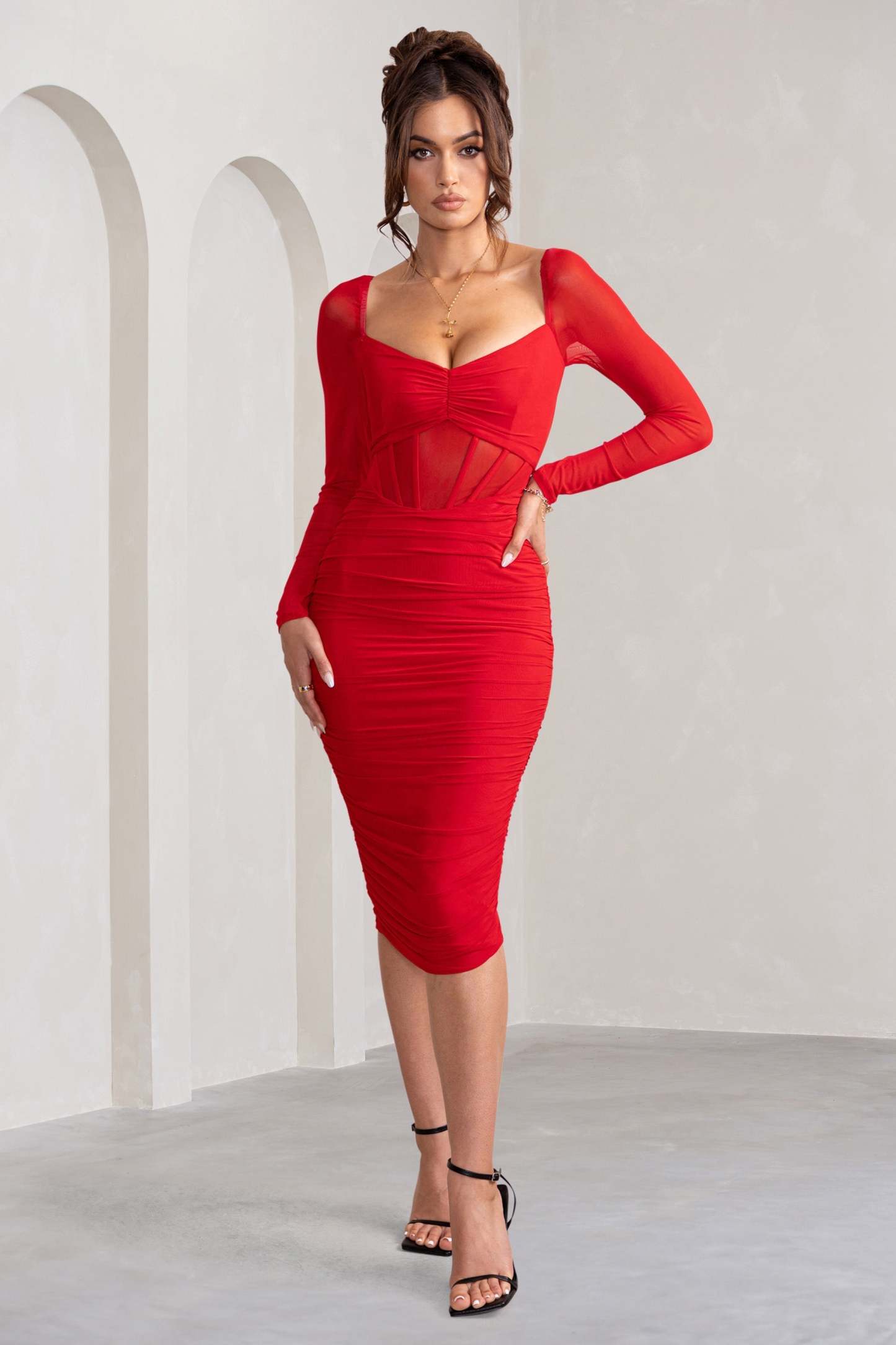 Abiba Red Ruched Front Corset Midi Dress With Long Sleeves-Fashionmomo.All Rights Reserved