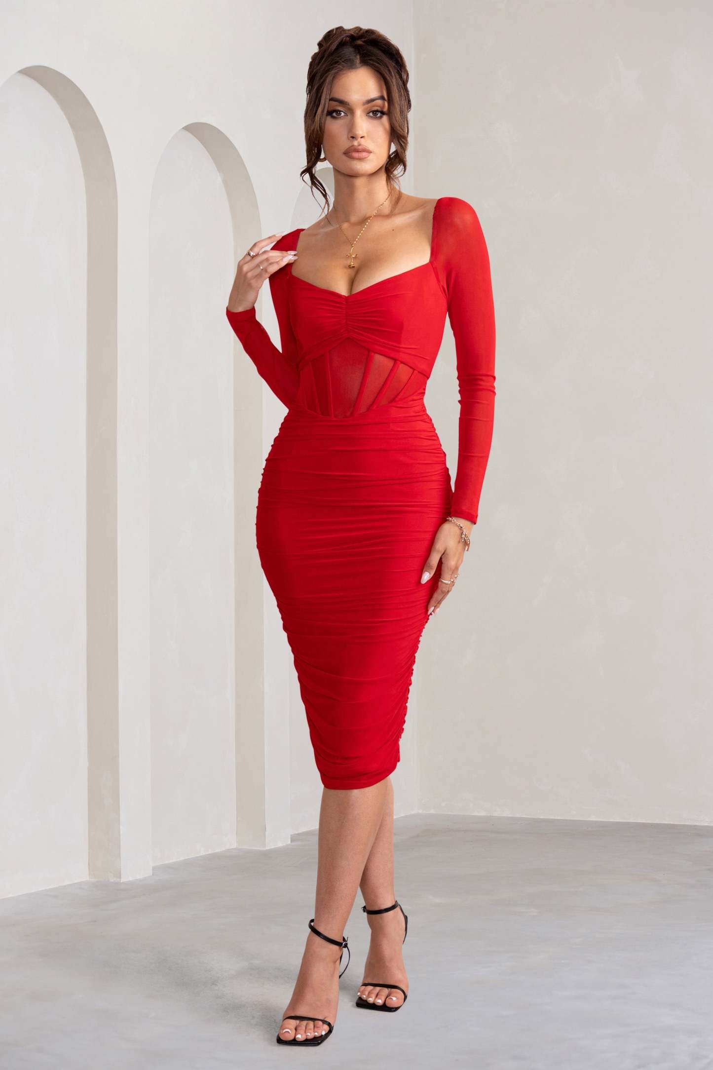 Abiba Red Ruched Front Corset Midi Dress With Long Sleeves-Fashionmomo.All Rights Reserved