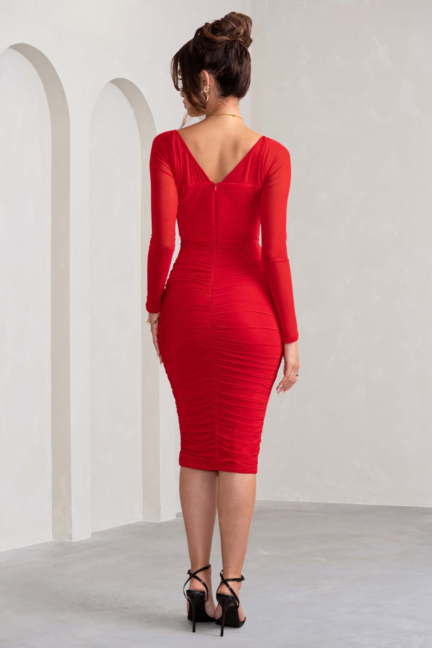Abiba Red Ruched Front Corset Midi Dress With Long Sleeves-Fashionmomo.All Rights Reserved
