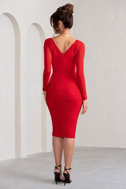 Abiba Red Ruched Front Corset Midi Dress With Long Sleeves-Fashionmomo.All Rights Reserved