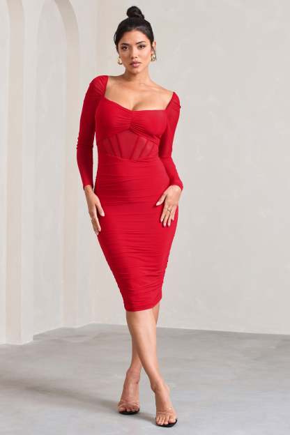 Abiba Red Ruched Front Corset Midi Dress With Long Sleeves-Fashionmomo.All Rights Reserved