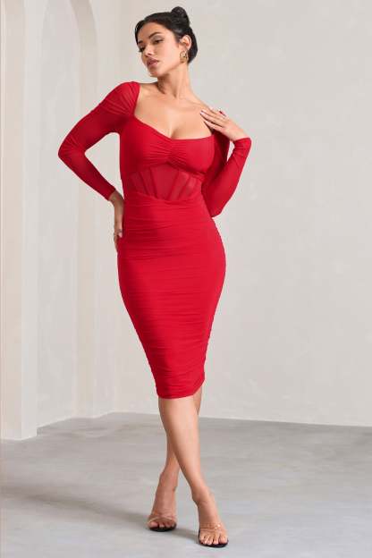 Abiba Red Ruched Front Corset Midi Dress With Long Sleeves-Fashionmomo.All Rights Reserved