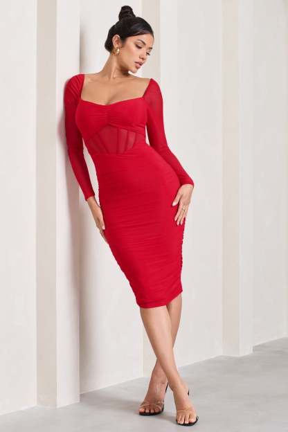 Abiba Red Ruched Front Corset Midi Dress With Long Sleeves-Fashionmomo.All Rights Reserved