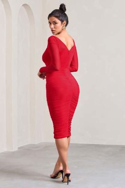 Abiba Red Ruched Front Corset Midi Dress With Long Sleeves-Fashionmomo.All Rights Reserved