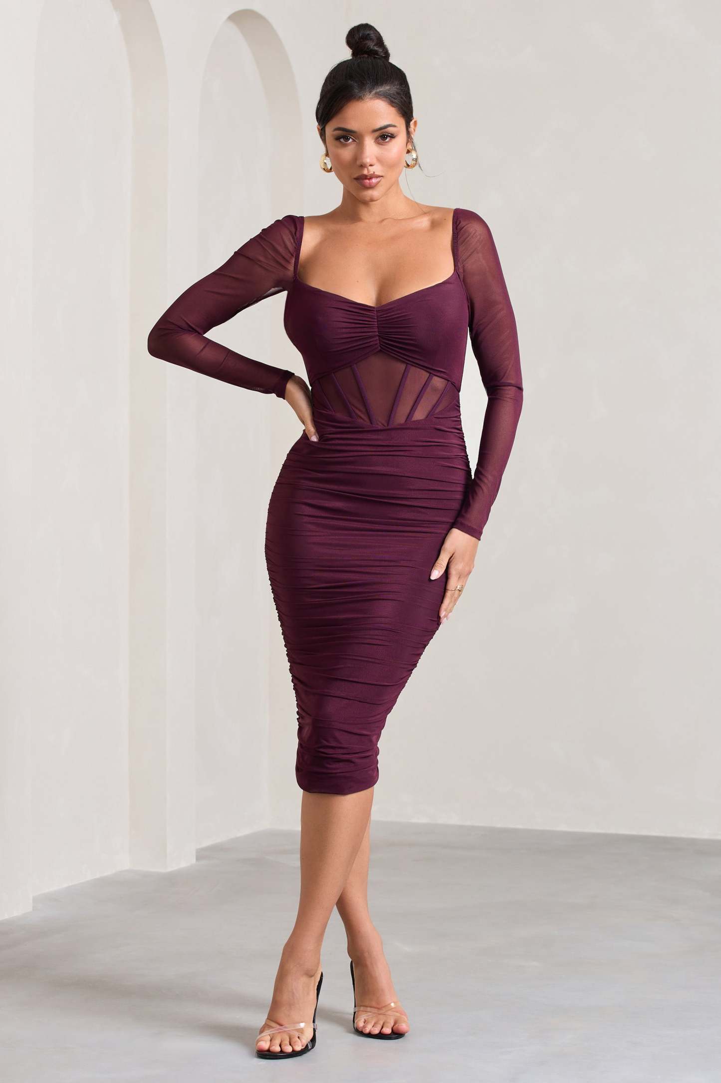 Abiba Burgundy Ruched Mesh Corset Midi Dress With Long Sleeves-Fashionmomo.All Rights Reserved