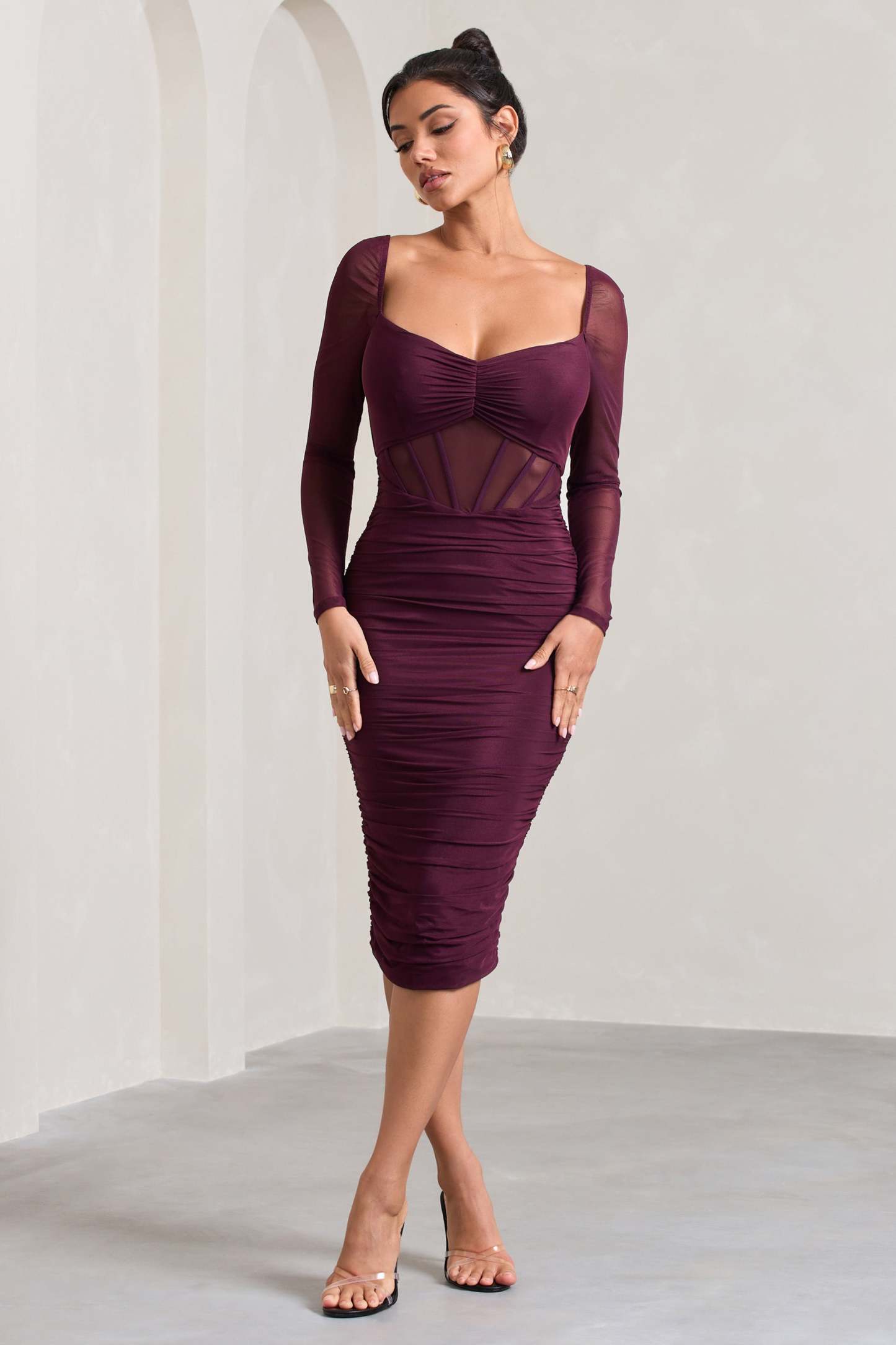 Abiba Burgundy Ruched Mesh Corset Midi Dress With Long Sleeves-Fashionmomo.All Rights Reserved