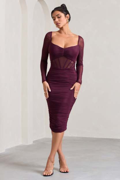 Abiba Burgundy Ruched Mesh Corset Midi Dress With Long Sleeves-Fashionmomo.All Rights Reserved