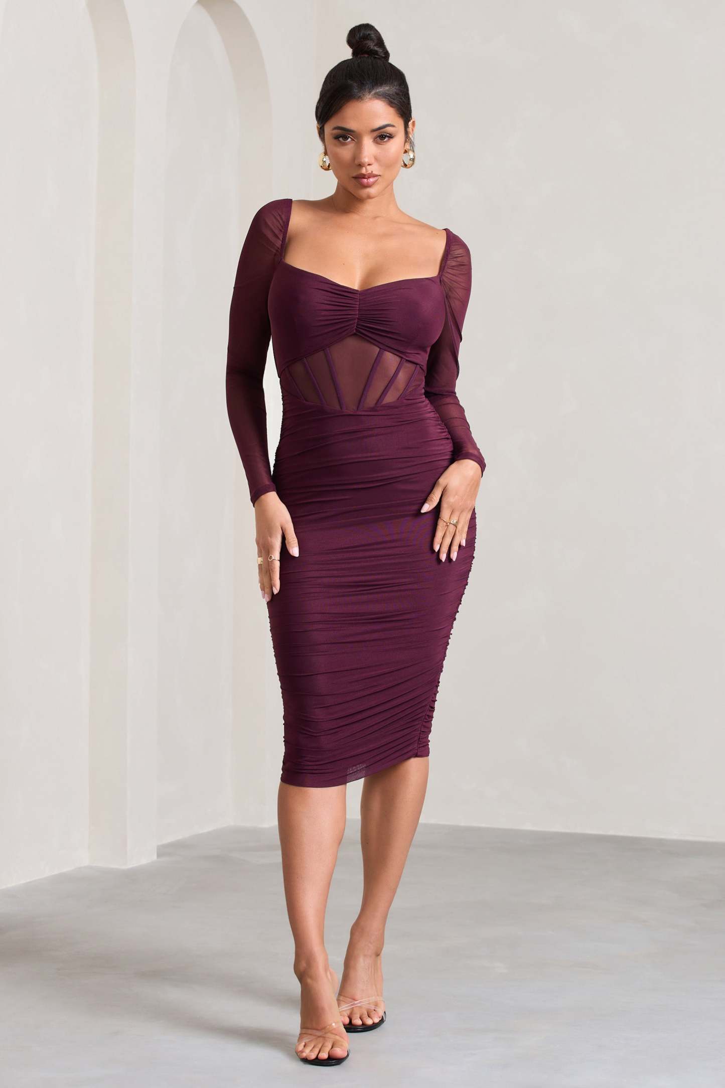 Abiba Burgundy Ruched Mesh Corset Midi Dress With Long Sleeves-Fashionmomo.All Rights Reserved