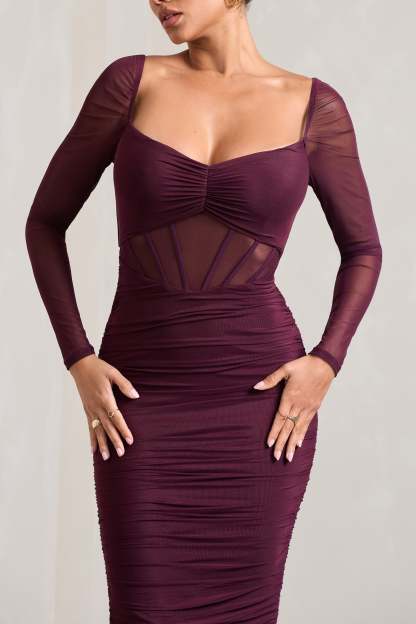 Abiba Burgundy Ruched Mesh Corset Midi Dress With Long Sleeves-Fashionmomo.All Rights Reserved