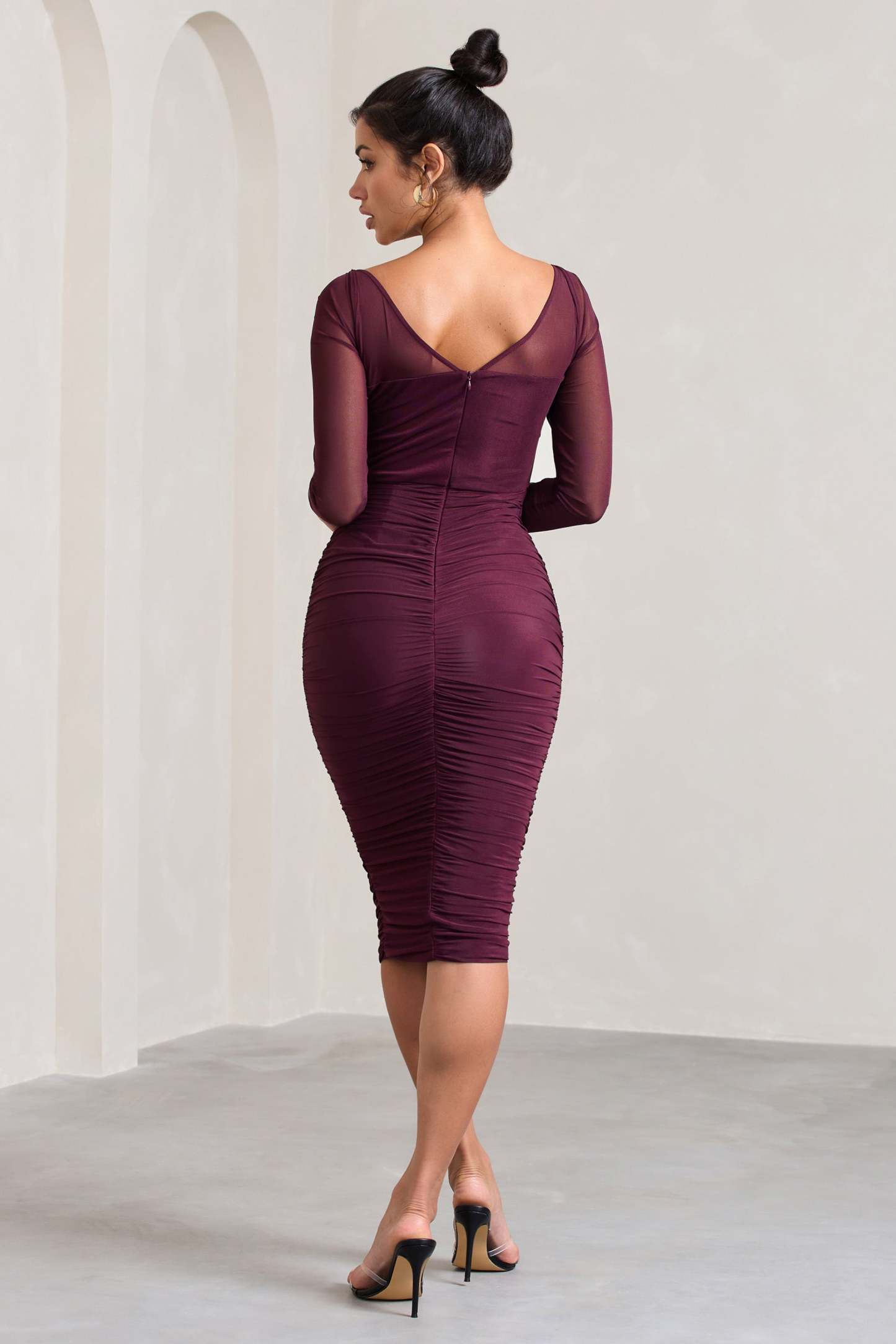Abiba Burgundy Ruched Mesh Corset Midi Dress With Long Sleeves-Fashionmomo.All Rights Reserved