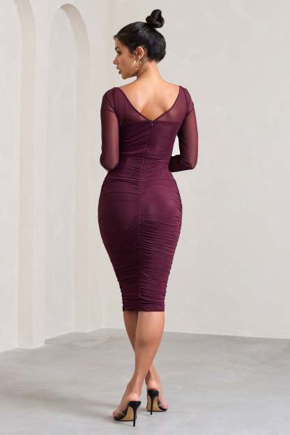 Abiba Burgundy Ruched Mesh Corset Midi Dress With Long Sleeves-Fashionmomo.All Rights Reserved