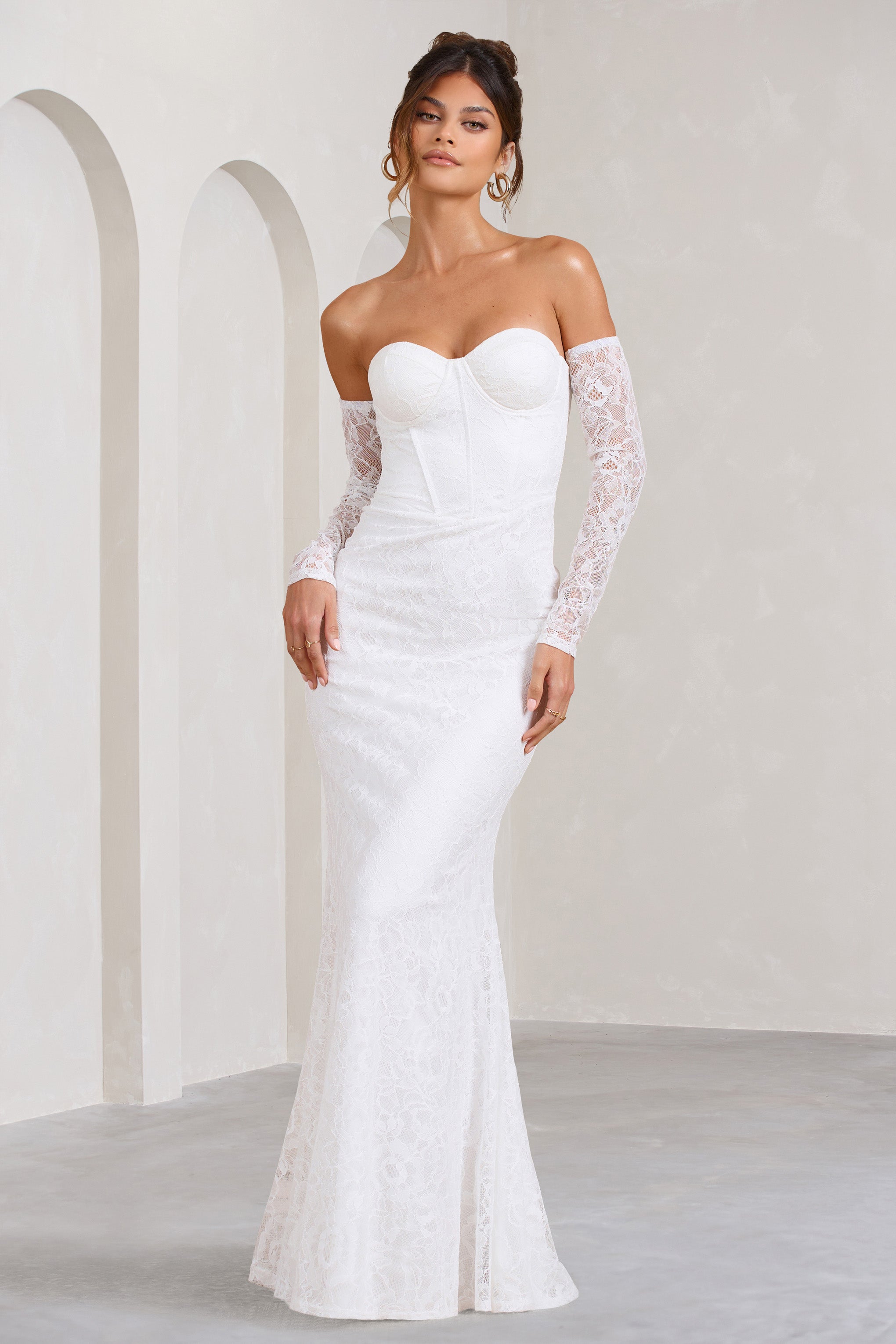 Aniyah White Lace Bandeau Neckline Corset Fishtail Maxi Dress With Sheer Sleeves-Fashionmomo.All Rights Reserved