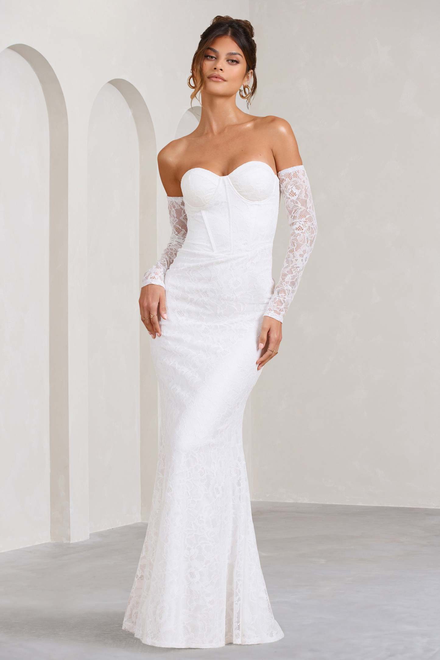 Aniyah White Lace Bandeau Neckline Corset Fishtail Maxi Dress With Sheer Sleeves-Fashionmomo.All Rights Reserved