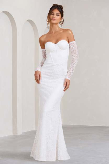 Aniyah White Lace Bandeau Neckline Corset Fishtail Maxi Dress With Sheer Sleeves-Fashionmomo.All Rights Reserved