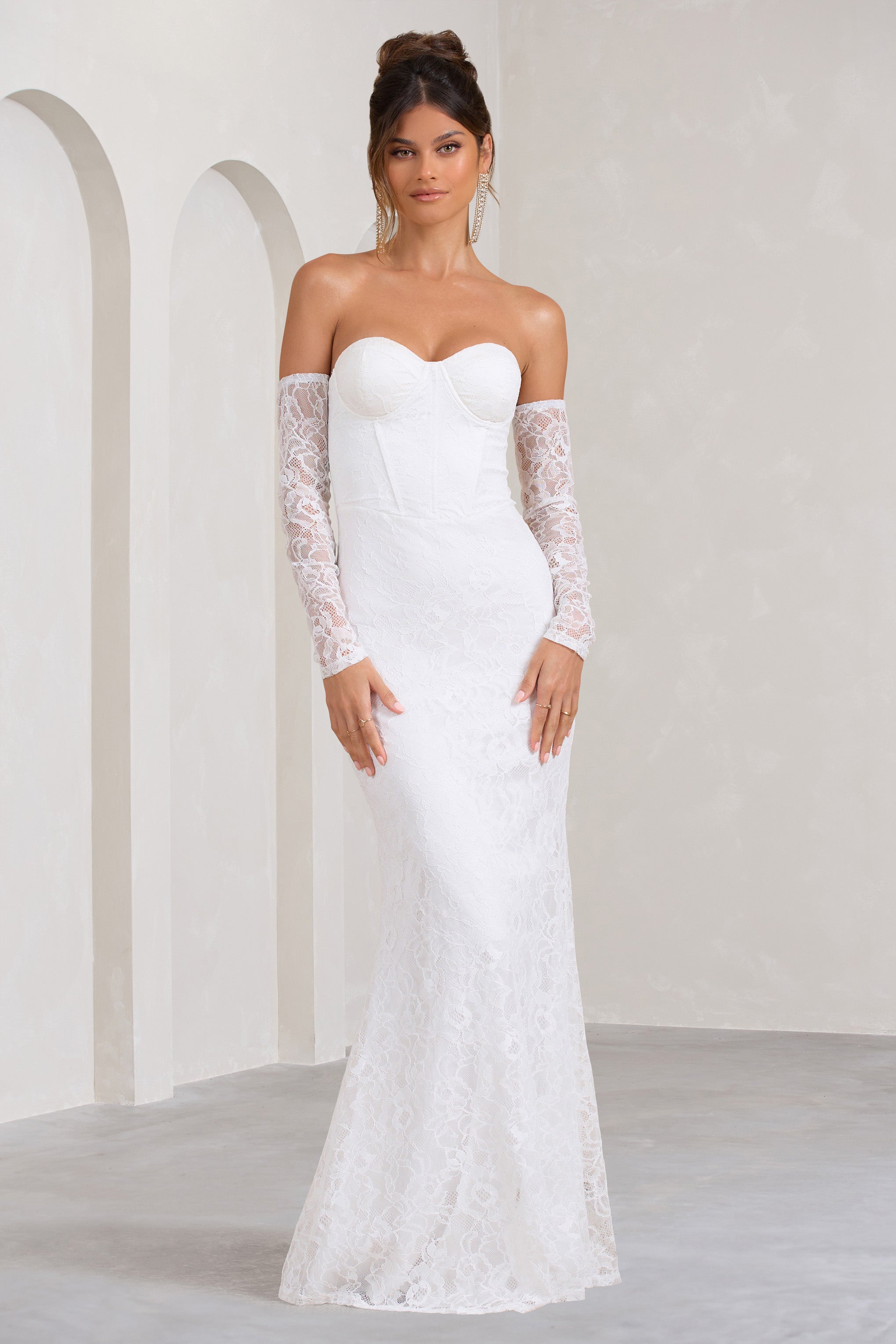 Aniyah White Lace Bandeau Neckline Corset Fishtail Maxi Dress With Sheer Sleeves-Fashionmomo.All Rights Reserved
