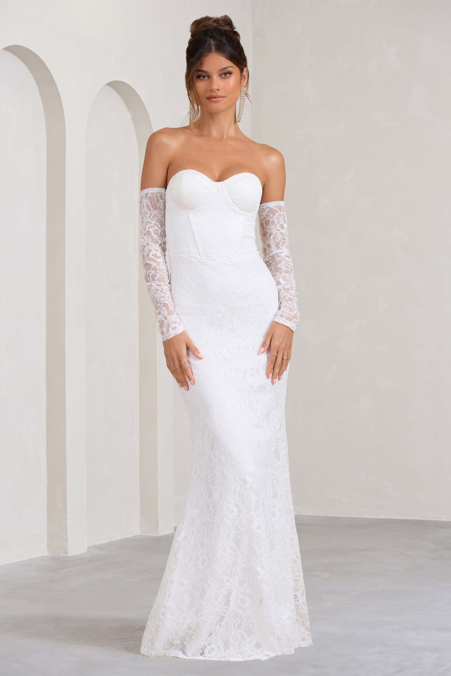 Aniyah White Lace Bandeau Neckline Corset Fishtail Maxi Dress With Sheer Sleeves-Fashionmomo.All Rights Reserved